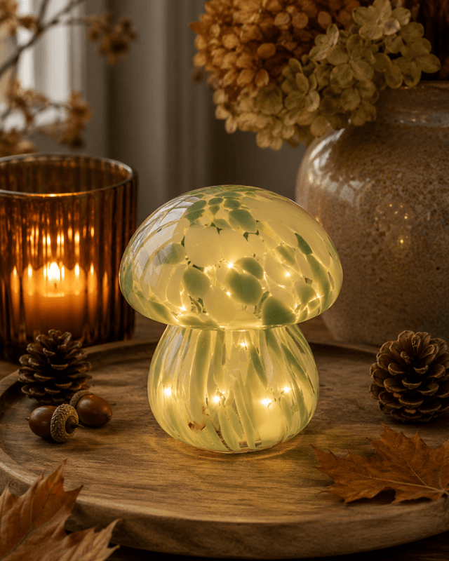 Sopp glass grønn dots 5 LED 15,5cm