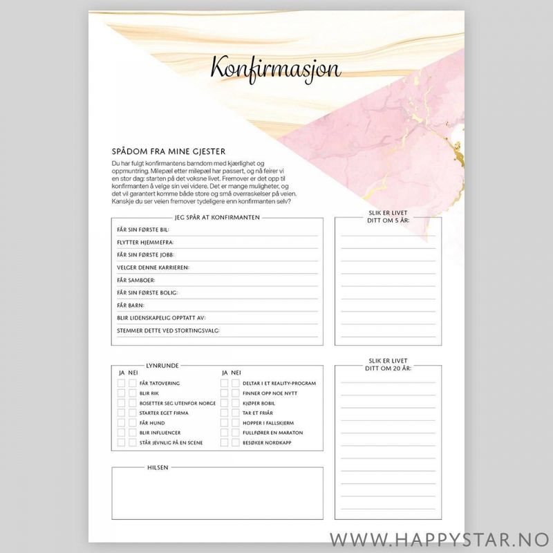 Spådomsark - Konfirmasjon Rosa Marmor 20stk.