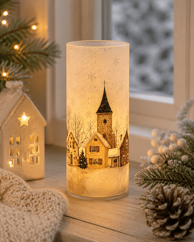 Lyslykt LED frostet Juleby 8x20cm